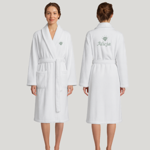 Personalizowany szlafrok damski z bawełny frotte, z szalowym kołnierzem, ozdobiony własnym haftem, biały