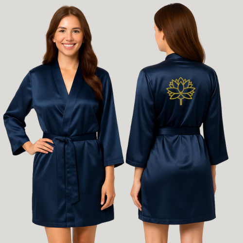 Personalizowany szlafrok damski z satyny z szerokimi rękawami ¾ ozdobiony dowolnym haftem, granatowy