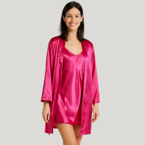 Spersonalizowany komplet z satyny, szlafrok i koszulka nocna z własnym haftem, różne kolory