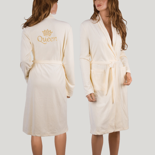 Personalizowany szlafrok damski z bawełny, z szalowym kołnierzem, ozdobiony własnym haftem, kolor ecru