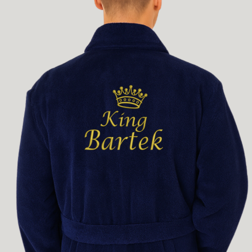 personalizowany szlafrok  męski z szalowym kołnierzem, ozdobiony własnym haftem, granatowy